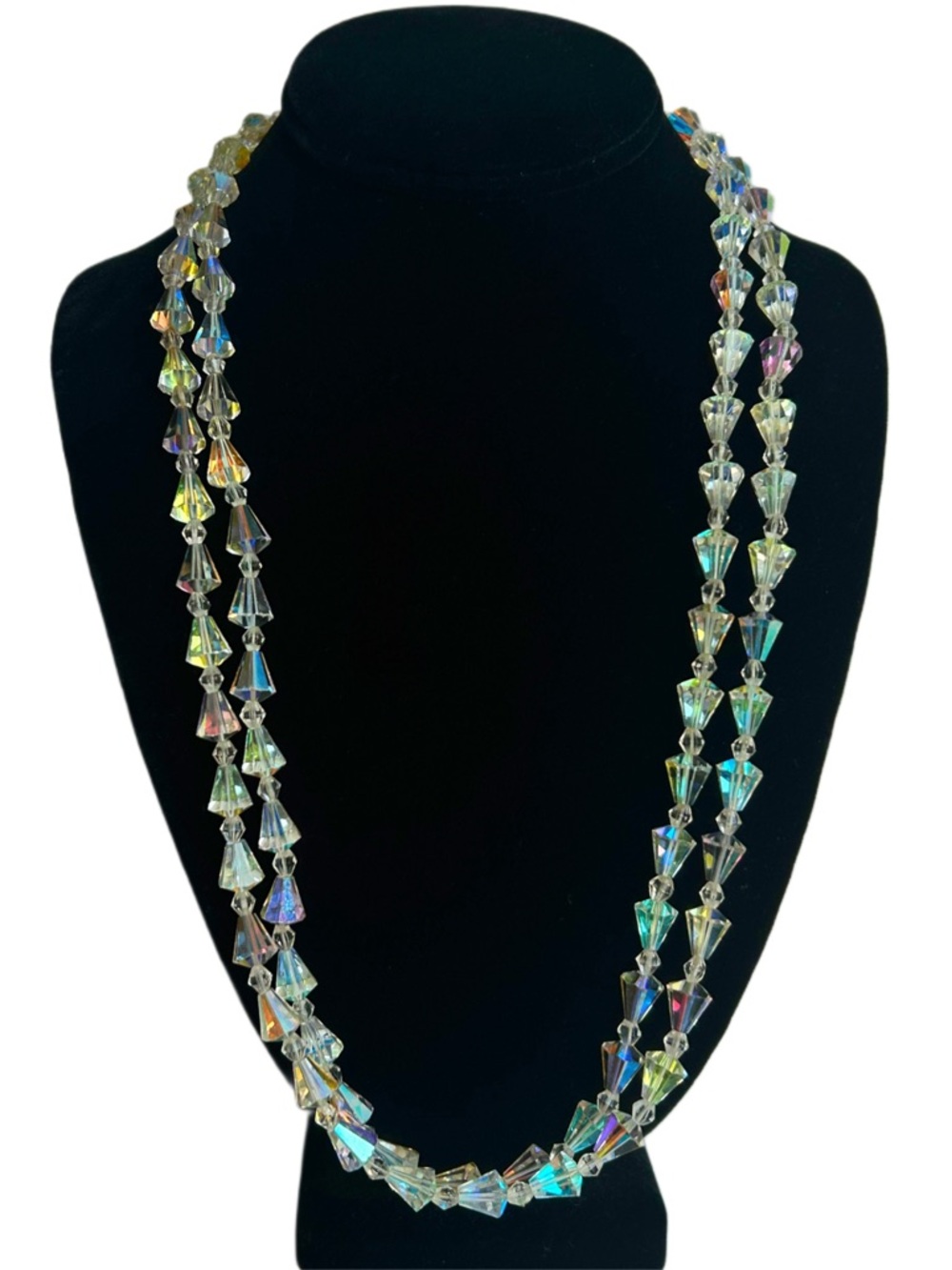 Vintage Extra Long Aurora Borealis Crystal Cut Faceted Necklace